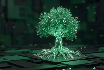 Glowing green tree on circuit board in dark tech environment