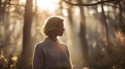 Woman Standing in Sunlit Forest During Golden Hour.