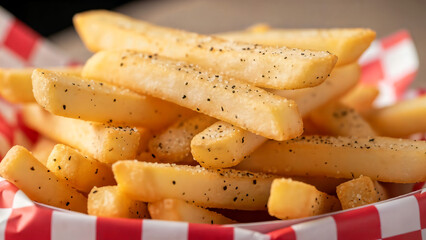 Delicious golden french fries seasoned with black pepper.