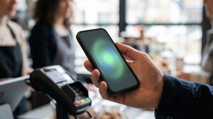 Payment Banking Cybersecurity concept. Hand holding smartphone for payment in a busy café setting.
