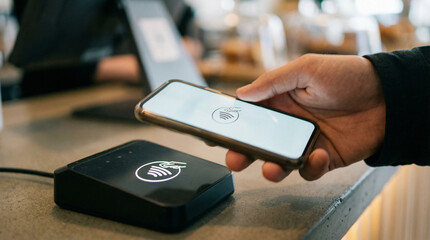 Payment Banking Cybersecurity concept. Mobile payment transaction at a café counter with a smartphone.