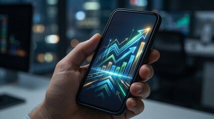 Payment Banking Cybersecurity concept. Hand holding smartphone displaying financial data and charts.