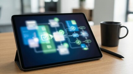 Payment Banking Cybersecurity concept. Digital workflow displayed on a tablet with a coffee cup beside it.