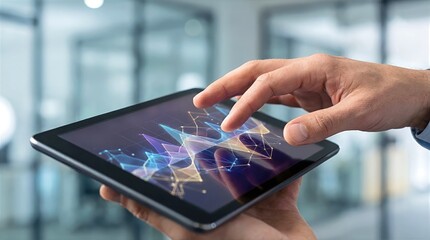 Payment Banking Cybersecurity concept. A hand interacting with a tablet displaying digital graphs.