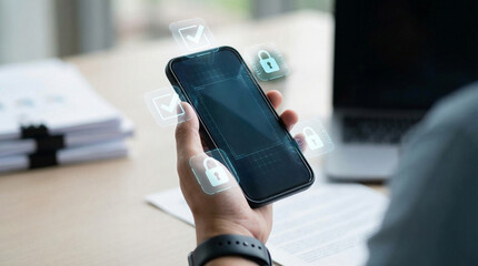 Payment Banking Cybersecurity concept. A person holding a smartphone with security icons displayed.