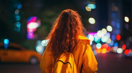 Woman with Red Hair in Yellow Jacket Walking at Night in City with Bokeh Lights.