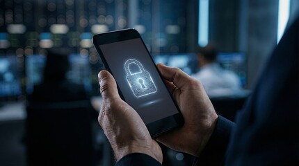 Payment Banking Cybersecurity concept. Mobile phone displaying a security lock symbol in a digital setting.