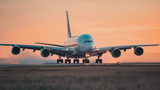 Massive Airbus A380 commercial airplane taxiing toward the camera on an airport runway against a warm sunset sky, 4K video.