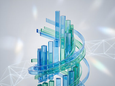 Dynamic blue and green 3D bar chart with swirling ribbon - Powered by Adobe