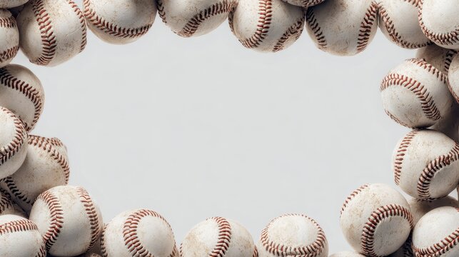 Close-up of numerous baseballs arranged in a frame, on a neutral background, offering a creative border or template