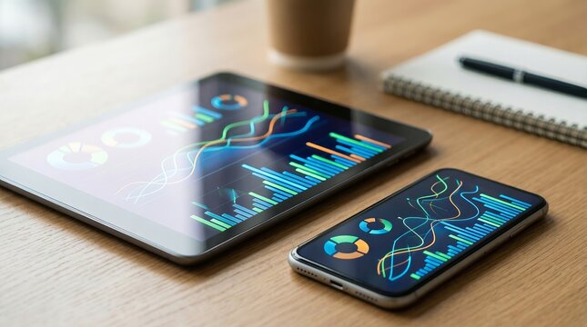 Payment Banking Cybersecurity concept. Digital devices displaying analytics on a wooden table. - Powered by Adobe
