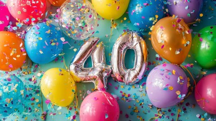 Close-up of colorful balloons and confetti, a silver "40" balloon being the focal point, celebrating a milestone