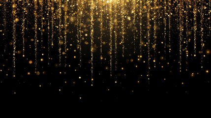 Dazzling abstract background with sparkling gold glitter effect, falling from above on a black canvas. Luxurious festive vibe, magical display