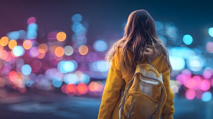 Young Woman with Backpack Gazing at Blurred City Lights at Night.