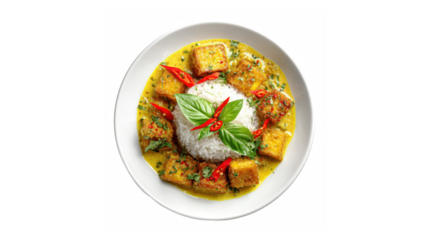 Creamy yellow curry with fried tofu and white rice, garnished with fresh basil and red chili peppers