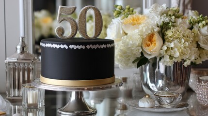Close-up of a black birthday cake with golden "50" topping, surrounded by flowers and silver accents