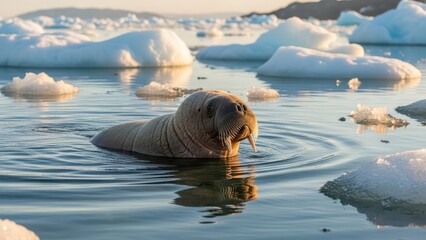 Walrus swimming among icebergs in arctic waters at sunrise