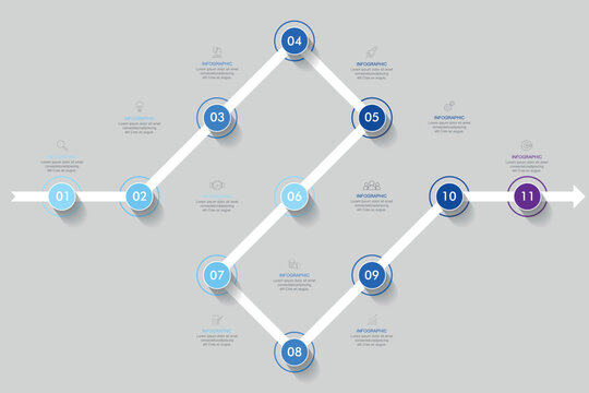 Timeline infographic template, Business concept with 11 options, Vector illustration.