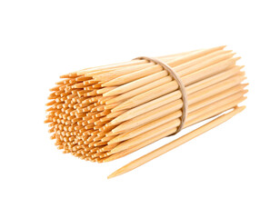 Bundle of Wooden Toothpicks Tied Together on White Background.