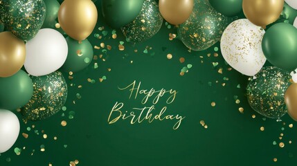 Festive green and gold balloons and confetti form a celebratory background with elegant script text