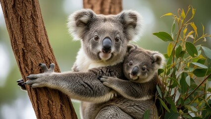 Fototapeta premium Koala mother and baby in eucalyptus tree: wildlife bonding in natural habitat