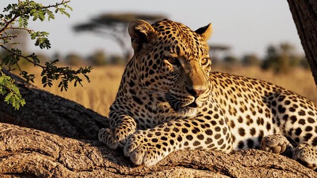 A leopard rests on a tree branch, observing, with textured fur. Sunlight bathes it and its surroundings