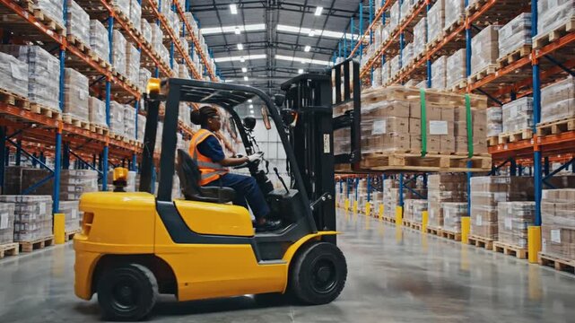 A forklift operator maneuvers through a warehouse, lifting a pallet of packaged goods