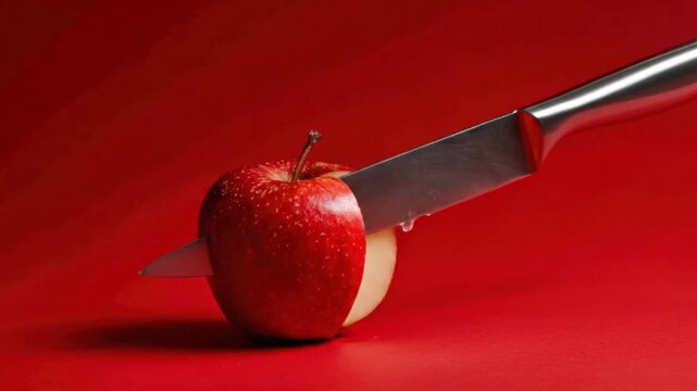 A glistening stainless steel knife precisely slices through a vibrant red apple, revealing its crisp, fresh white interior. Tiny droplets of juice cling to the sharp blade, set against a striking, bri