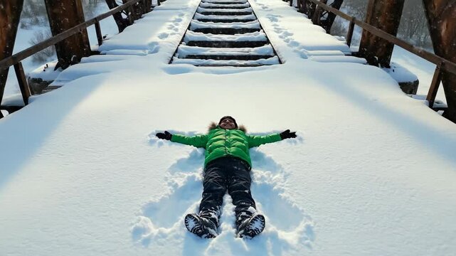 Child Making Snow Angel on Bridge Stairs.