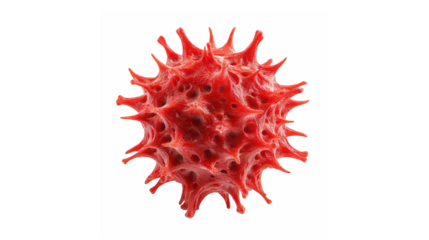 A microscopic view of a vibrant red spiky microorganism or virus particle against black background