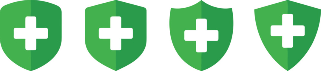 Fototapeta premium Green medical shield icon set with white cross symbols representing healthcare protection, health insurance, medical safety, and emergency support concepts