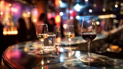 Close-up on bar with glasses of wine and water, soft focus, bokeh background of patrons socializing in dimly lit establishment