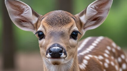 Adorable young deer with spotted coat in a forest setting close-up