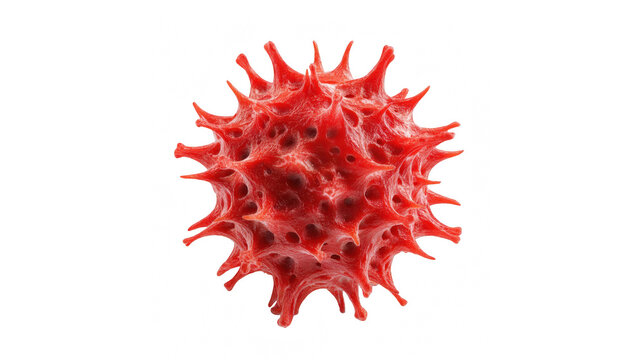 A microscopic view of a vibrant red spiky microorganism or virus particle against black background