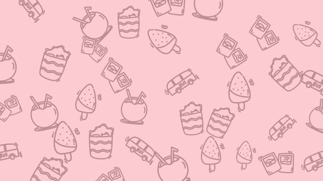 Pink background with dessert doodles, suitable for bakery menus, recipe cards, social media graphics, and foodrelated designs. Bright and cute.