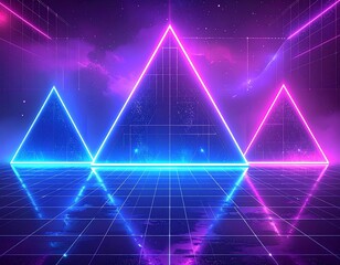 Glowing neon triangles over a grid with a galaxy background