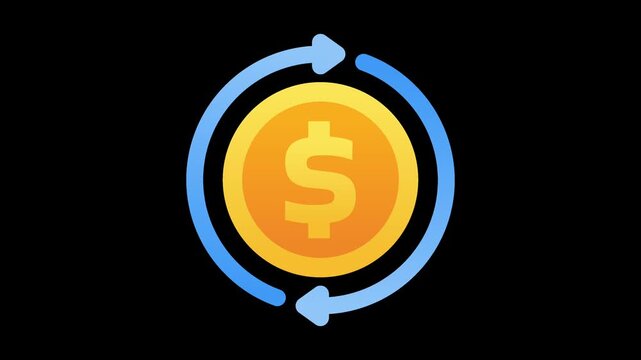 Gold Dollar Coin Animation with Rotating Blue Circular Arrows on Black Background Representing Financial Exchange Currency Conversion Money Circulation and Global Transaction Processing