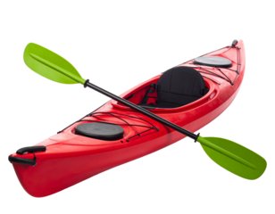 Red Kayak with Green Paddle Isolated on White Background.