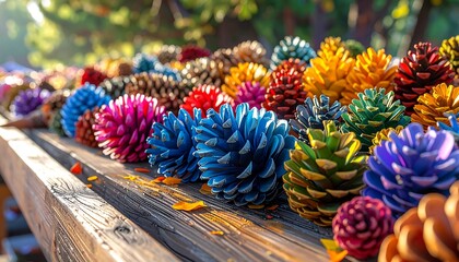 Colorful pinecones displayed on a rustic wooden surface bathed in sunlight, creating a vibrant autumn scene