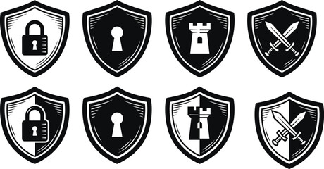 Black and white shield security icons set representing protection, defense, access control, cybersecurity, medieval strength, and secure system concepts