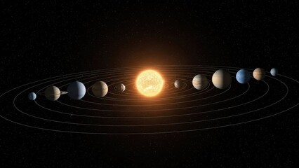 A glowing sun surrounded by planets in orbits against a black sky