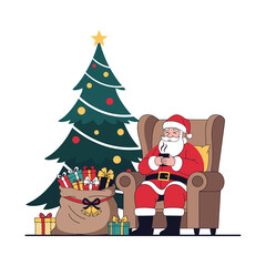 Obraz premium Santa Claus taking a relaxing break in a comfortable armchair next to a decorated Christmas tree and a sack full of holiday gifts.