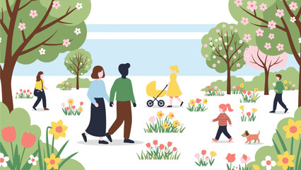 Illustration of a diverse group of people walking and playing in a vibrant park with blooming flowers and trees on a sunny day.