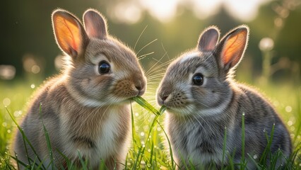 Obraz premium Two adorable bunnies sharing grass in sunlit meadow