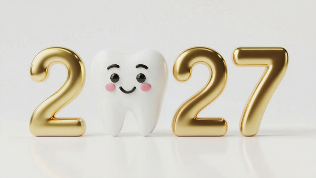 Cute smiling tooth character replacing zero in 2027 made of shiny gold numbers, 3D dental concept for oral health, dentistry, new year healthcare design, kids dentistry, clean white background