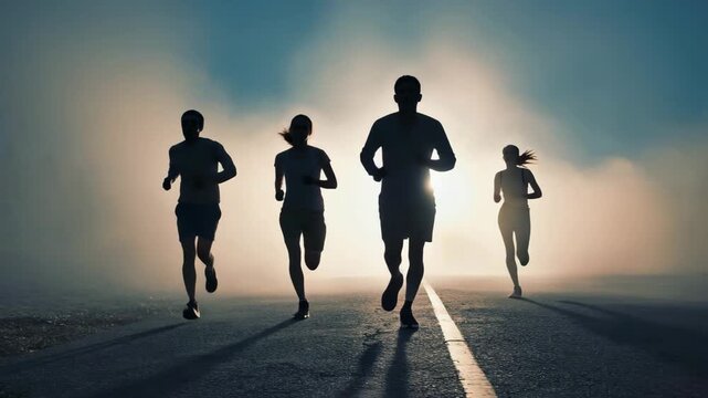 Silhouetted runners jog along a road at sunrise, surrounded by heavy morning mist and a glowing golden horizon, 4K video.