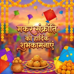 Indian Makar Sankranti Festival Background with Flying Kites