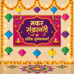 Indian Makar Sankranti Festival Background with Flying Kites