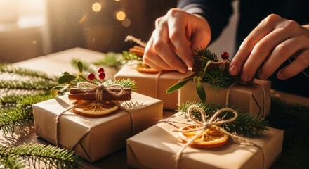 Hands decorating wrapped gifts with festive holly and dried orange slices on a table.