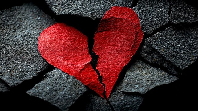 A vibrant red, fractured heart rests amid fragmented, textured gray stones, symbolizing heartbreak and emotional damage against a dark backdrop